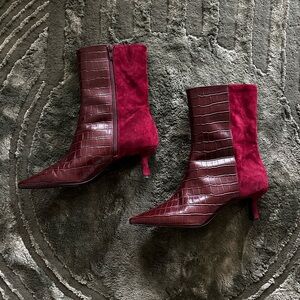 INTENTIONALLY BLANK Burgundy Croc-Embossed Ankle Boots